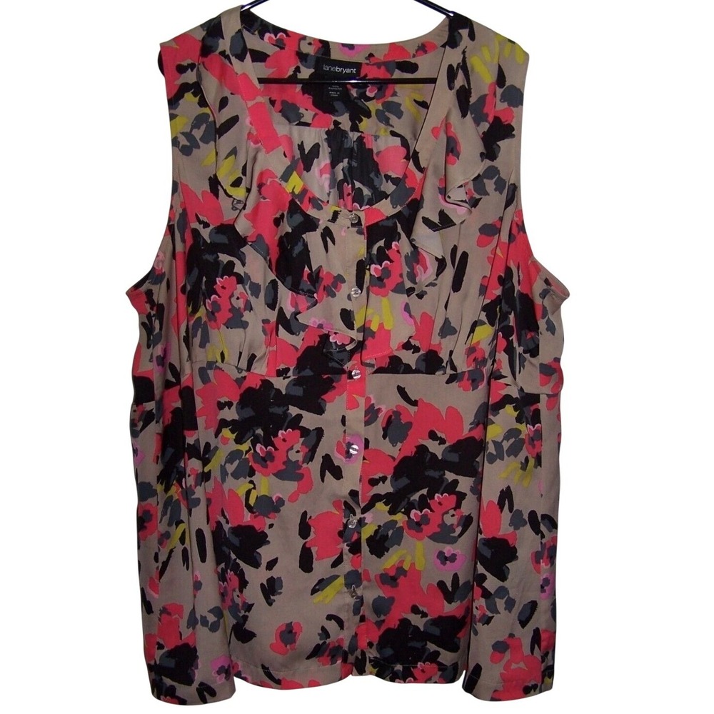 Lane Bryant Blouse 26 Pink Floral Ruffle Empire Waist Sleeveless Boho Officewear